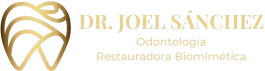 logotipo de cabecera de la pagina, una molar dorada y el texto de Dr. Joel Sánchez y el subtitulo de odontología restauradora biomimética